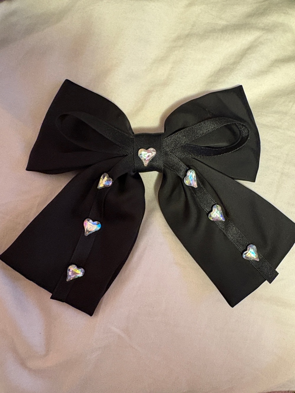 Black Bow Hair Clip with Iridescent Heart Gems